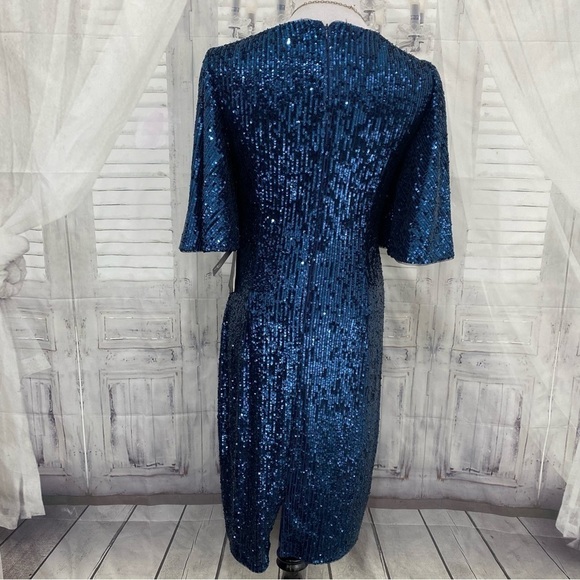 Adrianna Papell Sz 4 Blue Sequin Knee Dress V Neck Flutter Sleeve Sheath Formal - Picture 13 of 16